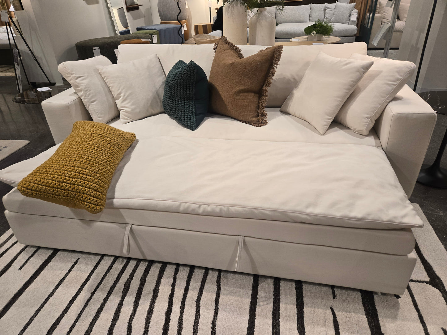 Down Filled Cloud Sofa Sleeper available in White or cream performance fabric