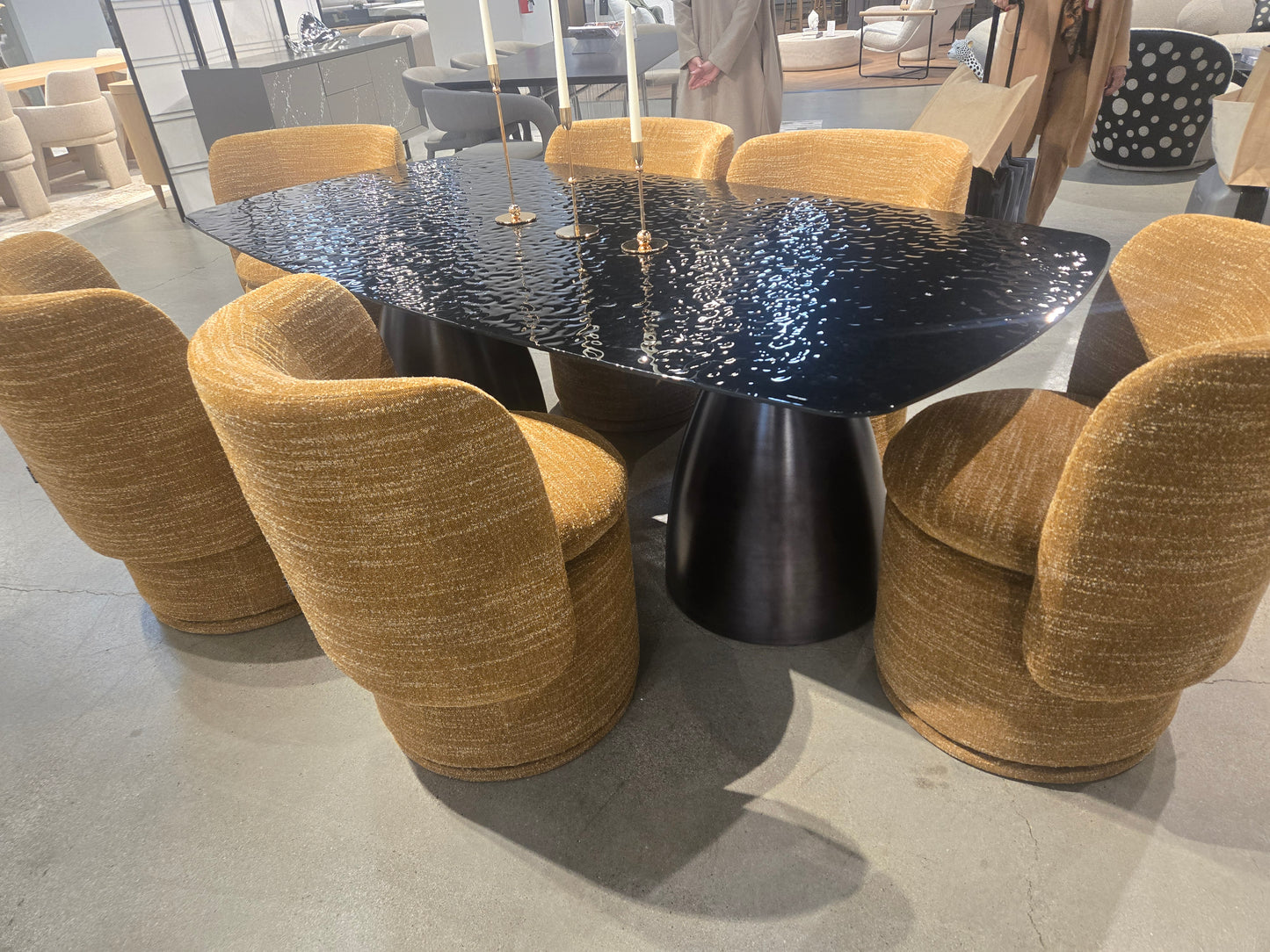 Contemporary Black Wave Glass Wide Rectangular Dining Table