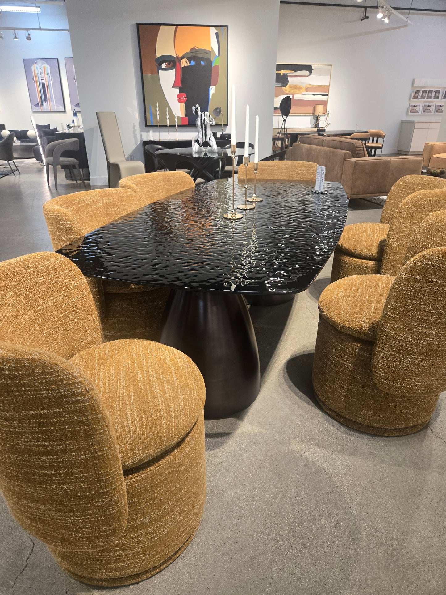 Contemporary Black Wave Glass Wide Rectangular Dining Table