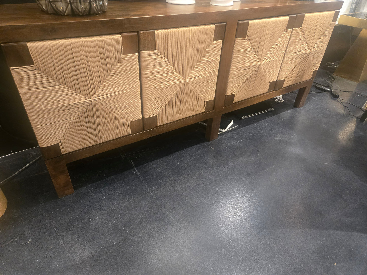80" 4 Door Solid Wood Sideboard with Woven Seagrass Push-in Cabinets
