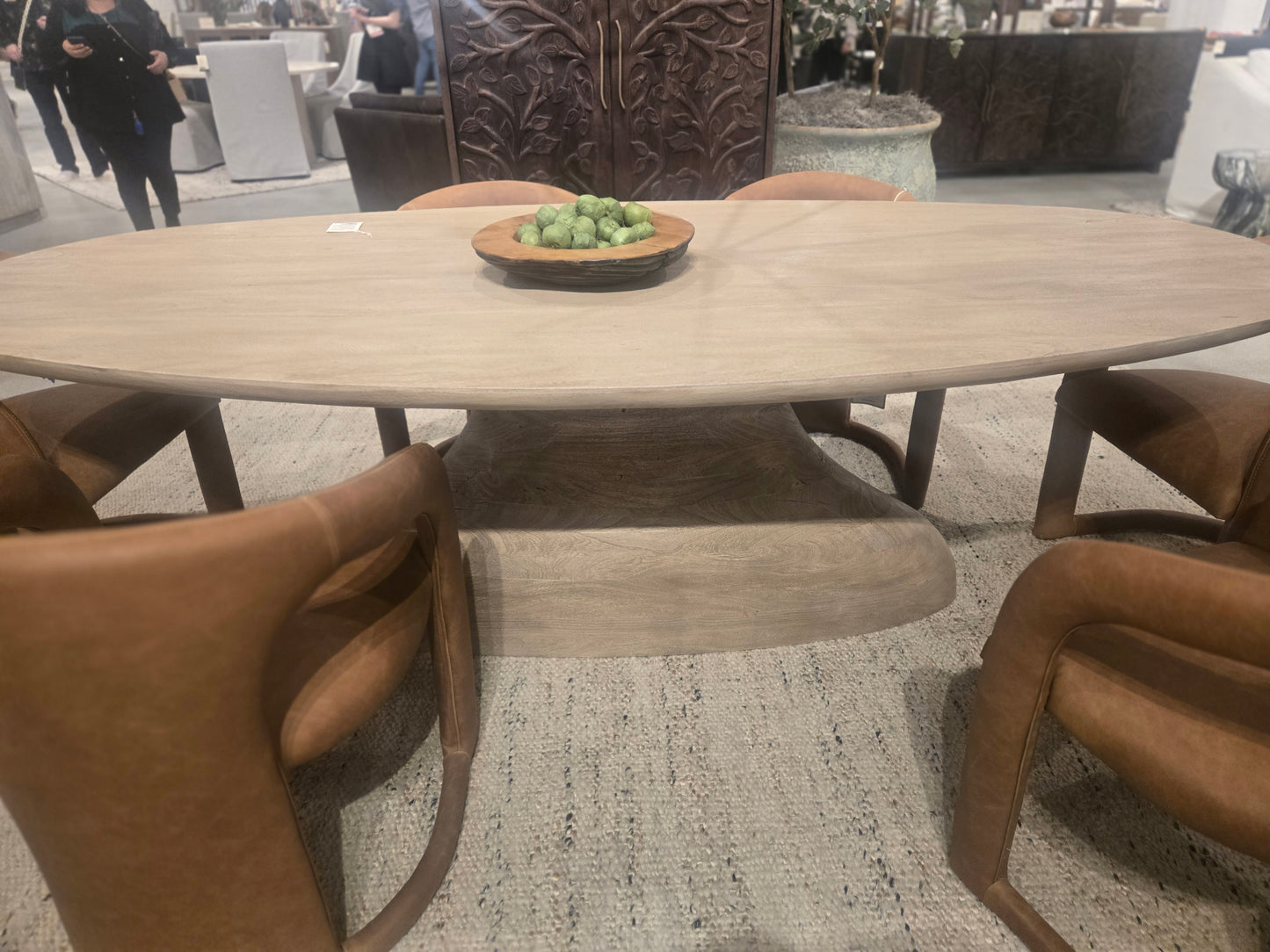 94" Solid Carved Wood Dining Table with Pedestal Base in reclaimed oak grain finish