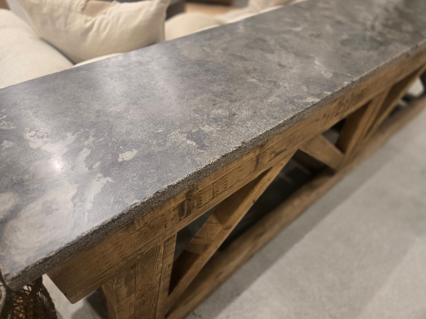 108" Handcrafted Reclaimed Solid Pine Console table with marbelized bluestone top