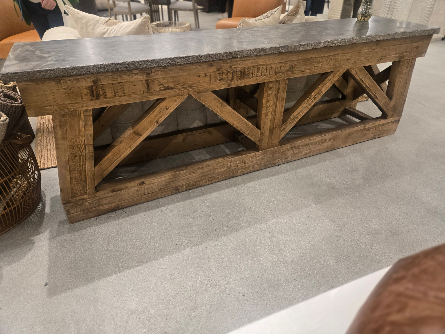 108" Handcrafted Reclaimed Solid Pine Console table with marbelized bluestone top
