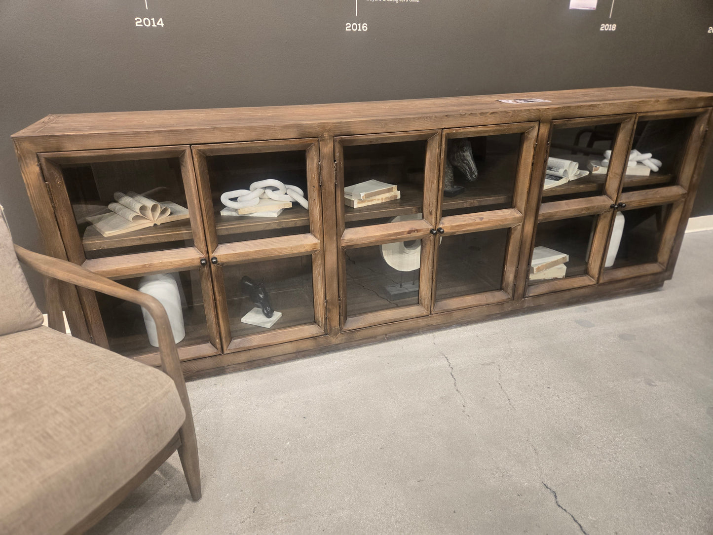 Gorgeous 6 Door Reclaimed Pine Wood Sideboard with Glass Doors and shelves