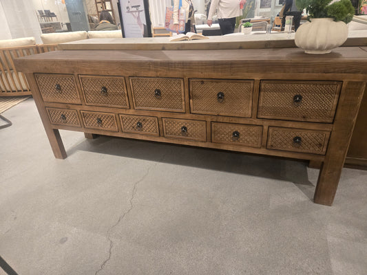 93" Solid Reclaimed Pine Wood Console Table with Carved wood diamond pattern design