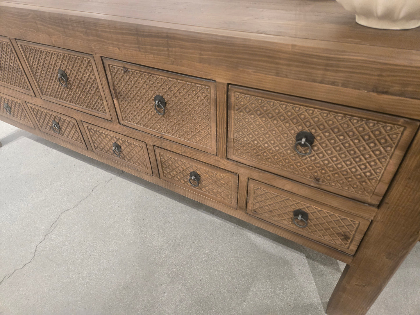 93" Solid Reclaimed Pine Wood Console Table with Carved wood diamond pattern design