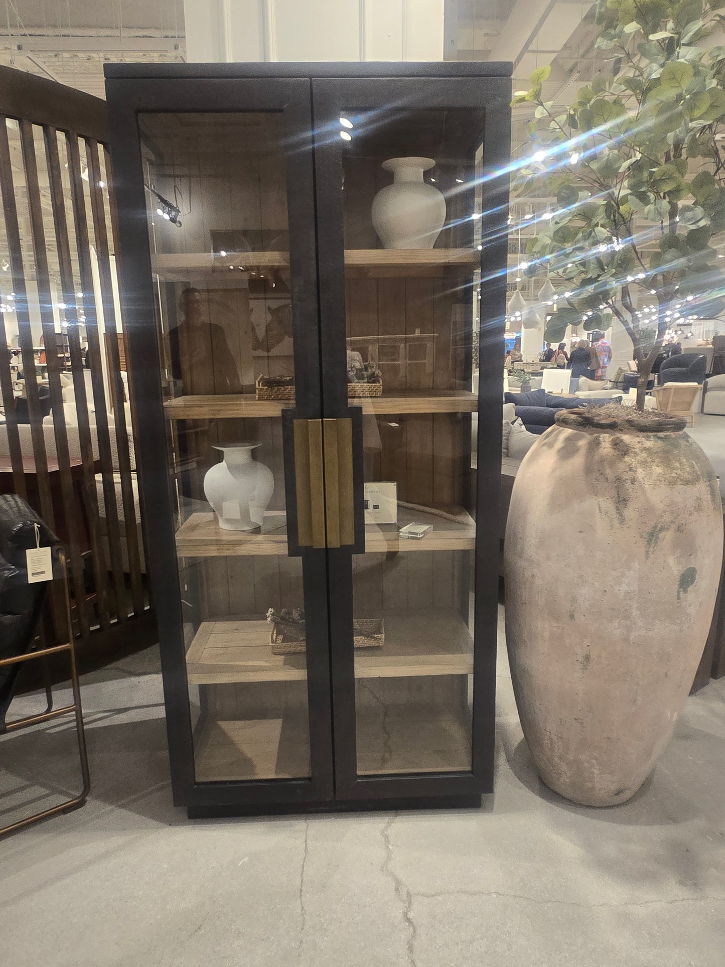 Brand New 82" Black Solid Reclaimed Wood Cabinet with tempered glass door with brass handles