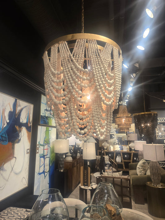 Brand New 28" Hand-Strung Ivory Beaded Fringe Chandelier with Brass Finished Metal on top