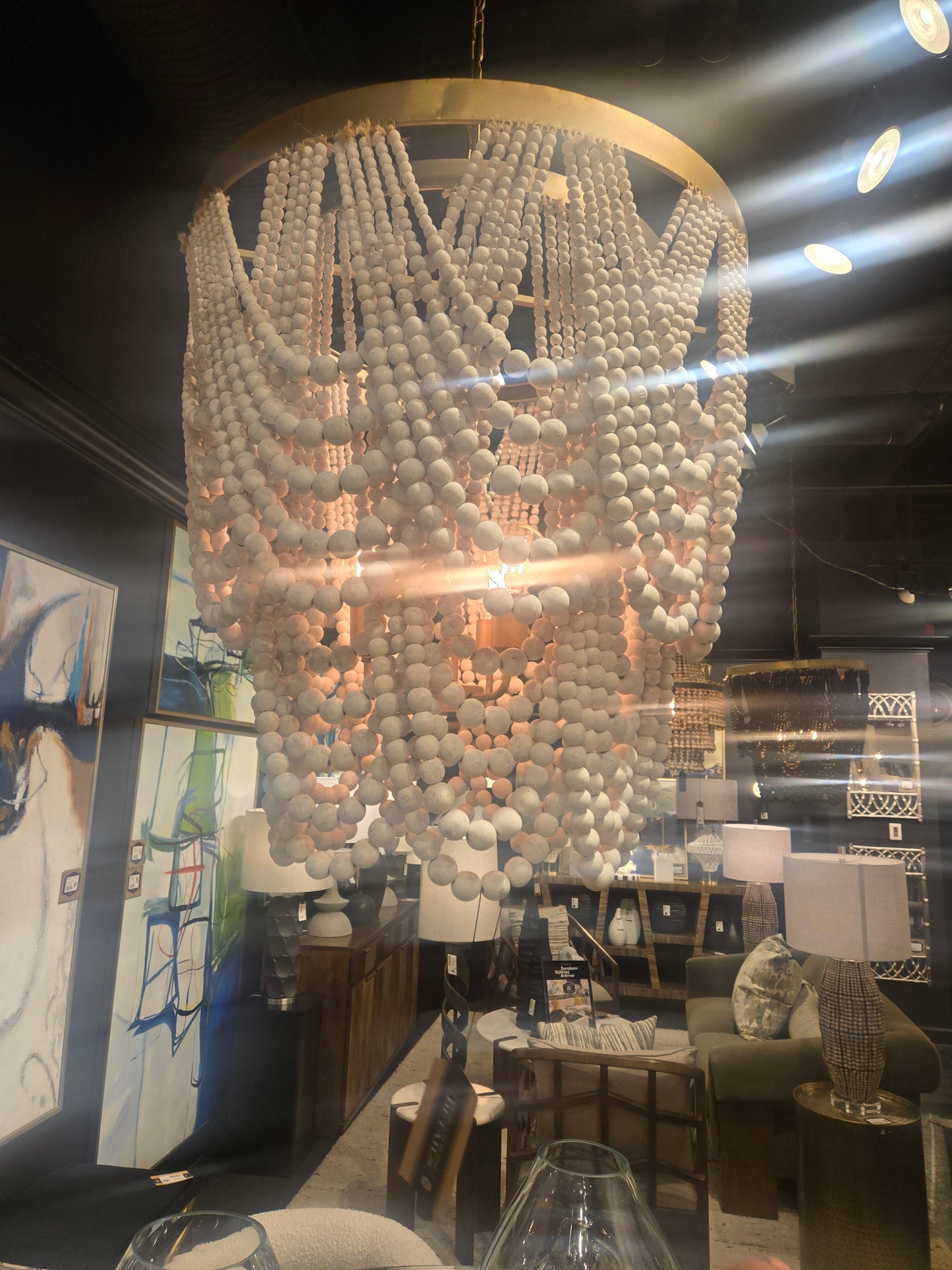 Brand New 28" Hand-Strung Ivory Beaded Fringe Chandelier with Brass Finished Metal on top