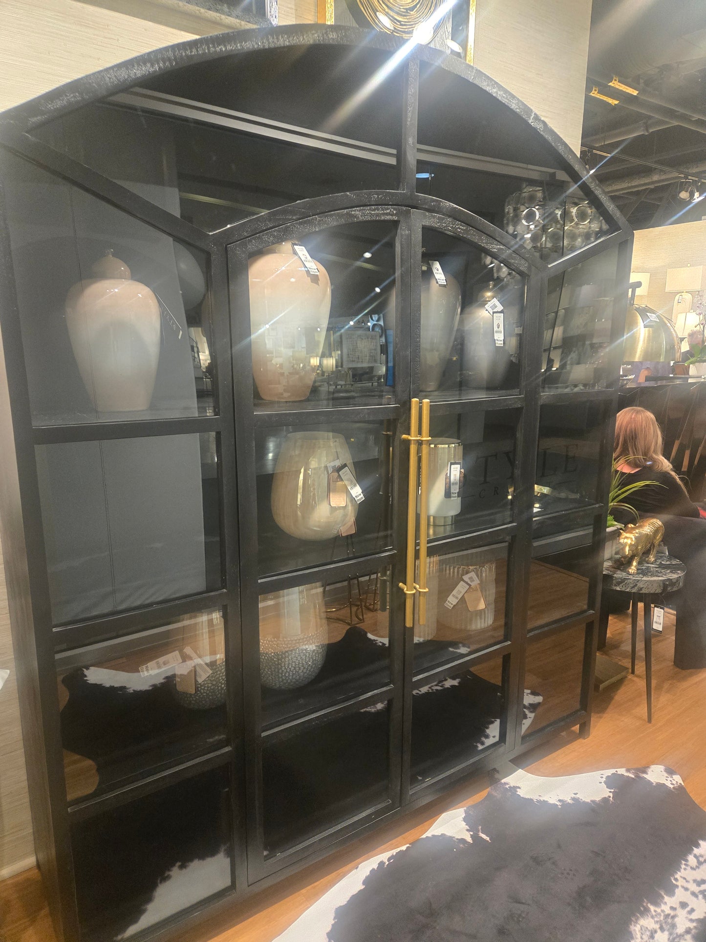 Brand New Gorgeous 84" Black Arched Wood Cabinet with Double doors and brass handles