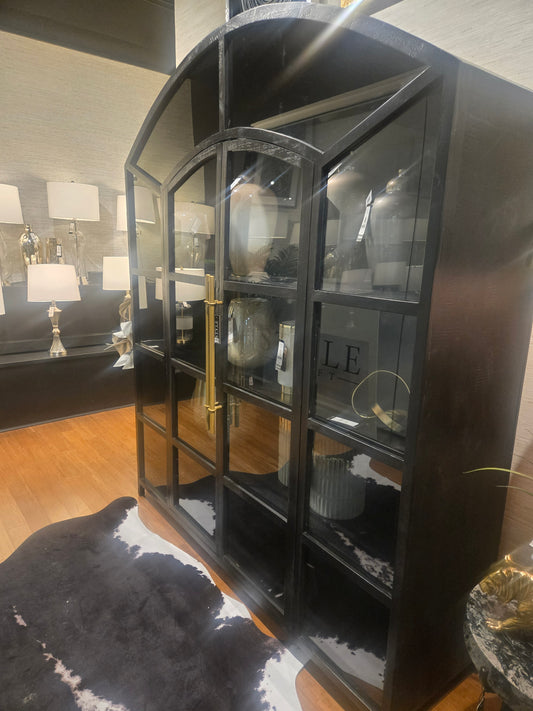 Brand New Gorgeous 84" Black Arched Wood Cabinet with Double doors and brass handles