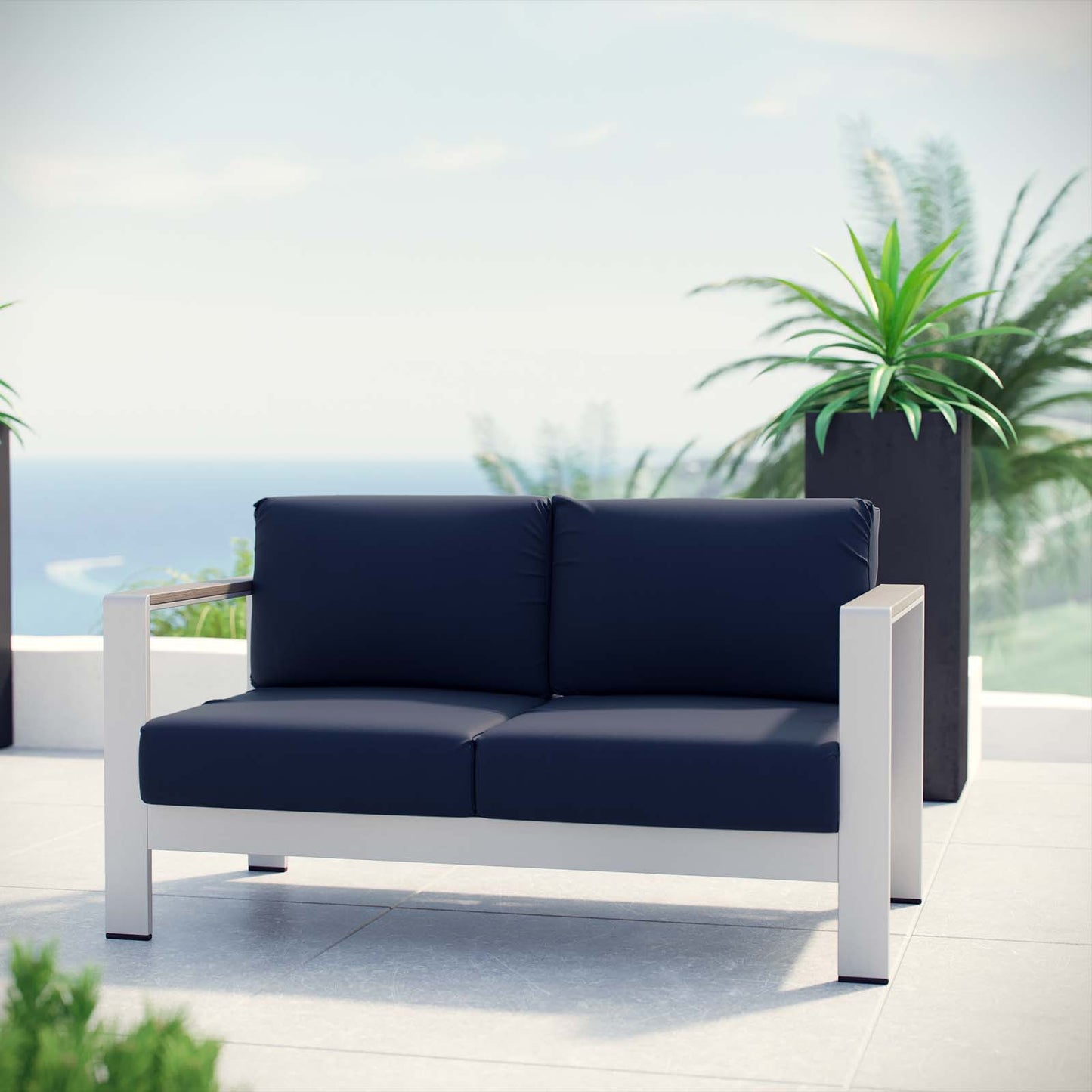 Shore Outdoor Patio Aluminum Loveseat by Modway in Silver Navy