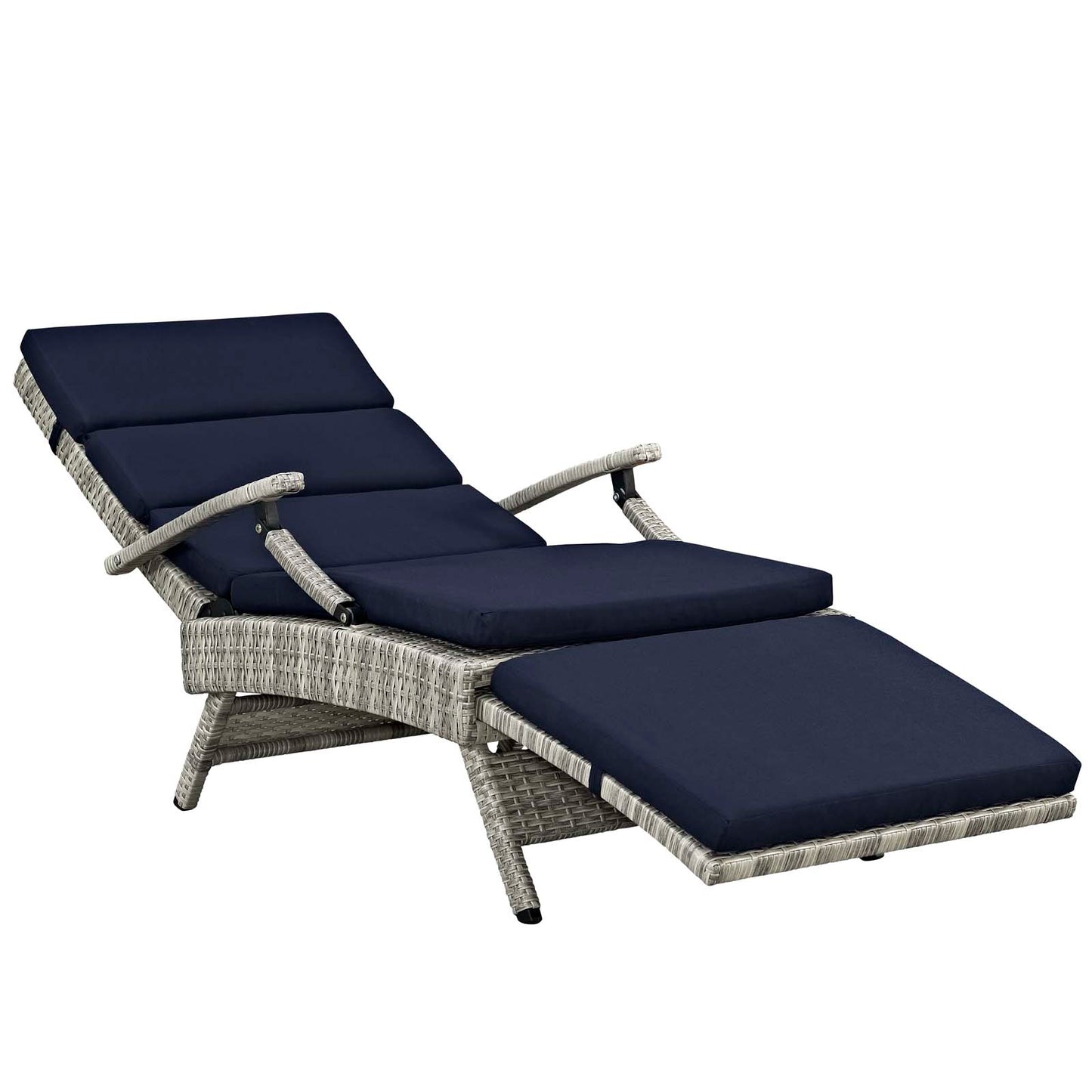 Wicker Rattan Lounge Chair in Light Gray with Navy Cushions