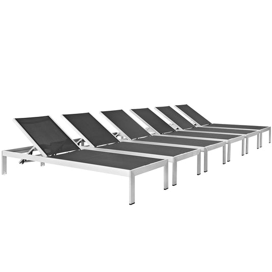 Shore Outdoor Patio Aluminum Chaise Set of 6 by Modway in Silver Black