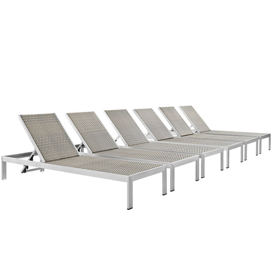 Shore Outdoor Patio Aluminum Chaise Set of 6 by Modway in Silver Gray