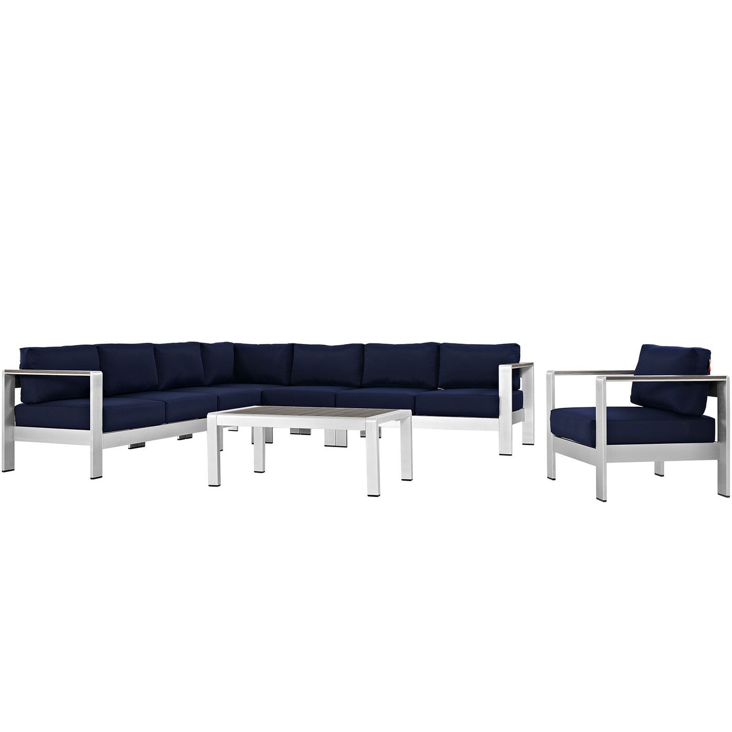 Shore 7 Piece Outdoor Patio Aluminum Sectional Sofa Set by Modway in Silver Navy