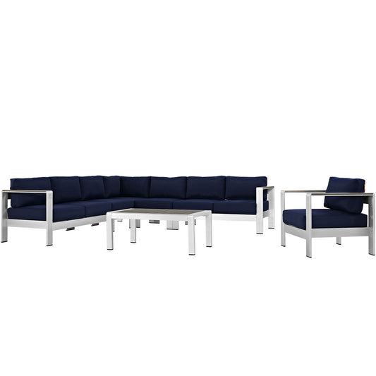 Shore 7 Piece Outdoor Patio Aluminum Sectional Sofa Set by Modway in Silver Navy