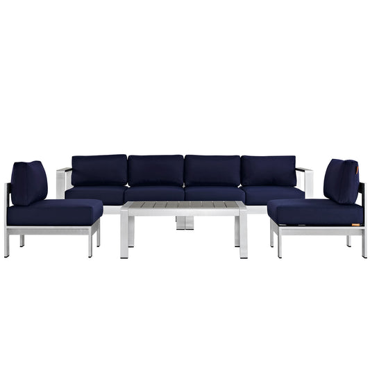 Shore 5 Piece Outdoor Patio Aluminum Sectional Sofa Set by Modway in Silver Navy