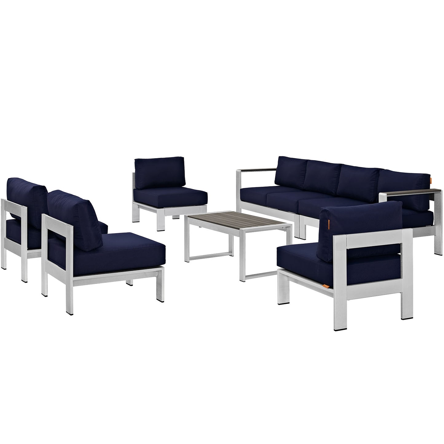 Shore 7 Piece Outdoor Patio Sectional Sofa Set by Modway in Silver Navy