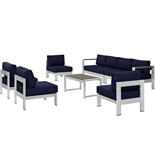 Shore 7 Piece Outdoor Patio Sectional Sofa Set by Modway in Silver Navy