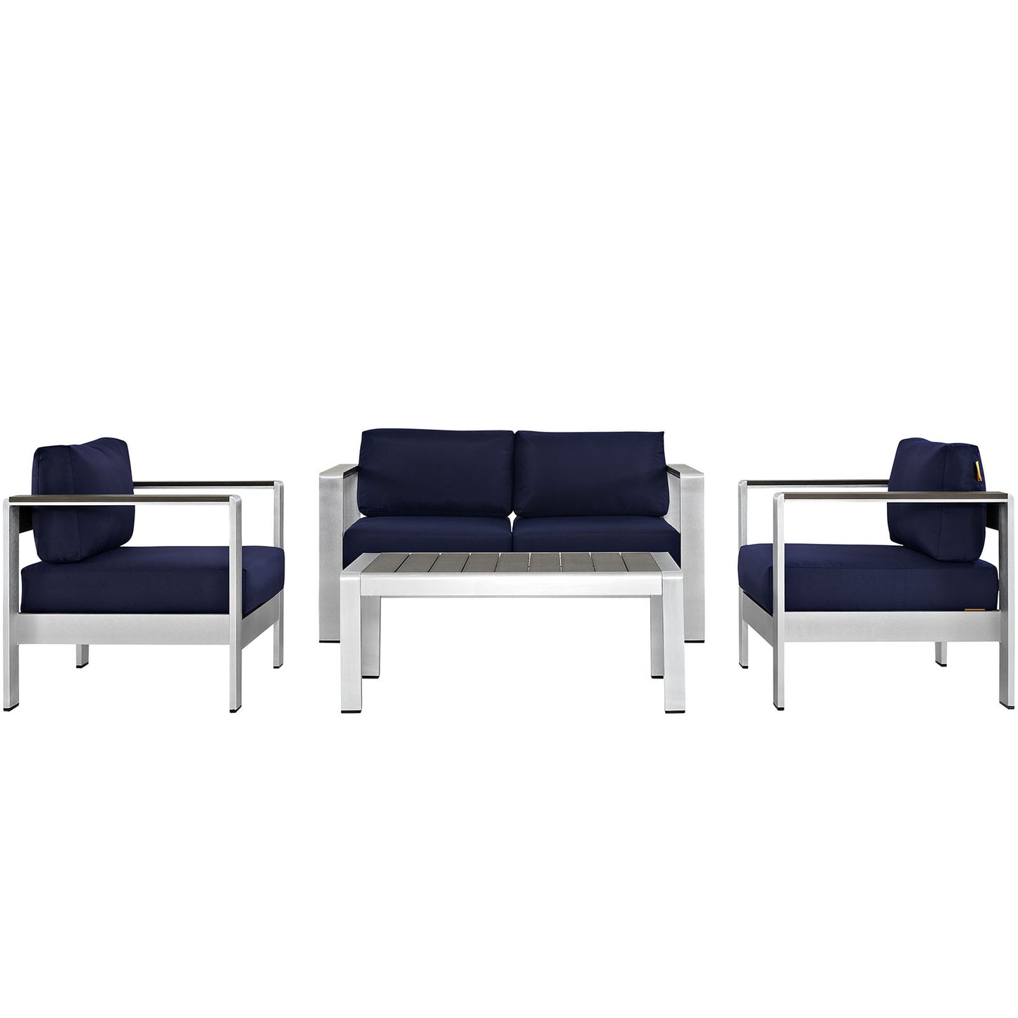 Shore 4 Piece Outdoor Patio Aluminum Sectional Sofa Set by Modway in Silver Navy