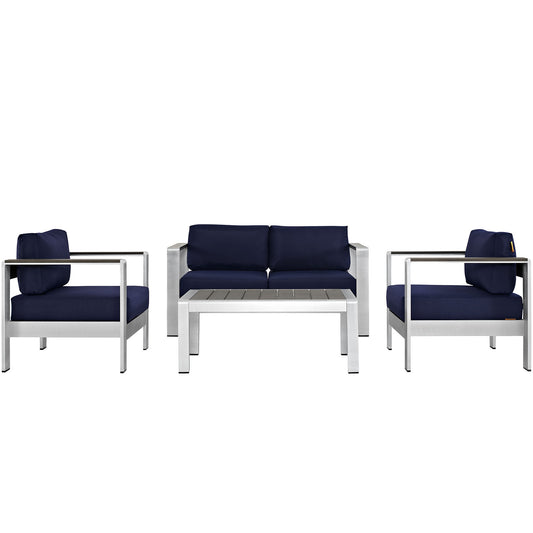Shore 4 Piece Outdoor Patio Aluminum Sectional Sofa Set by Modway in Silver Navy