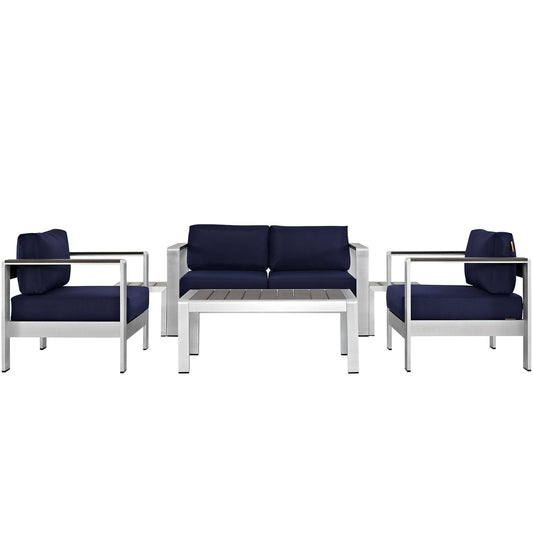 Shore 6 Piece Outdoor Patio Aluminum Sectional Sofa Set by Modway in Silver Navy