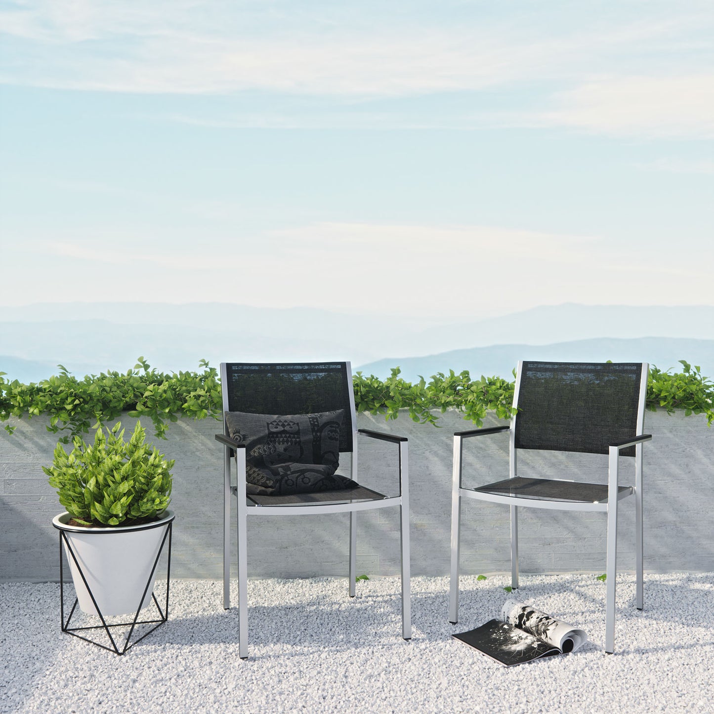 Shore Outdoor Patio Aluminum Dining Chair Set of 2 by Modway in Silver Black