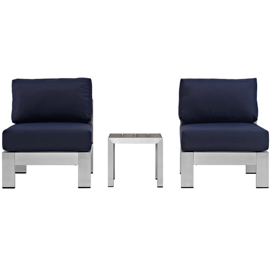 Shore 3 Piece Outdoor Patio Aluminum Sectional Sofa Set by Modway in Silver Navy