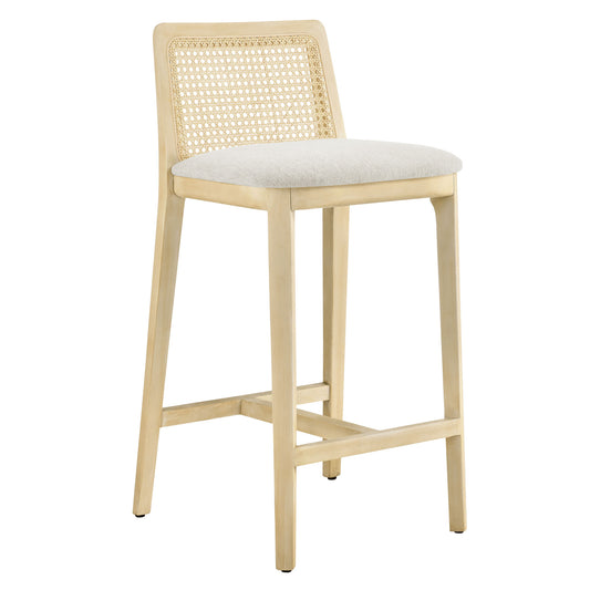 Wood and Rattan Counter Stool in Antique White Natural Heathered Weave Ivory