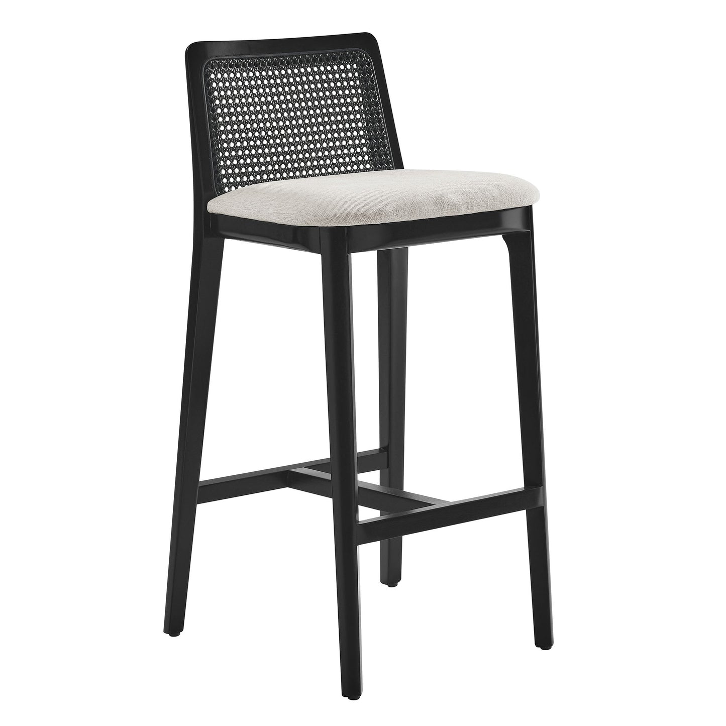 Monarch Wood and Rattan Bar Stool  in Black Black Heathered Weave Ivory