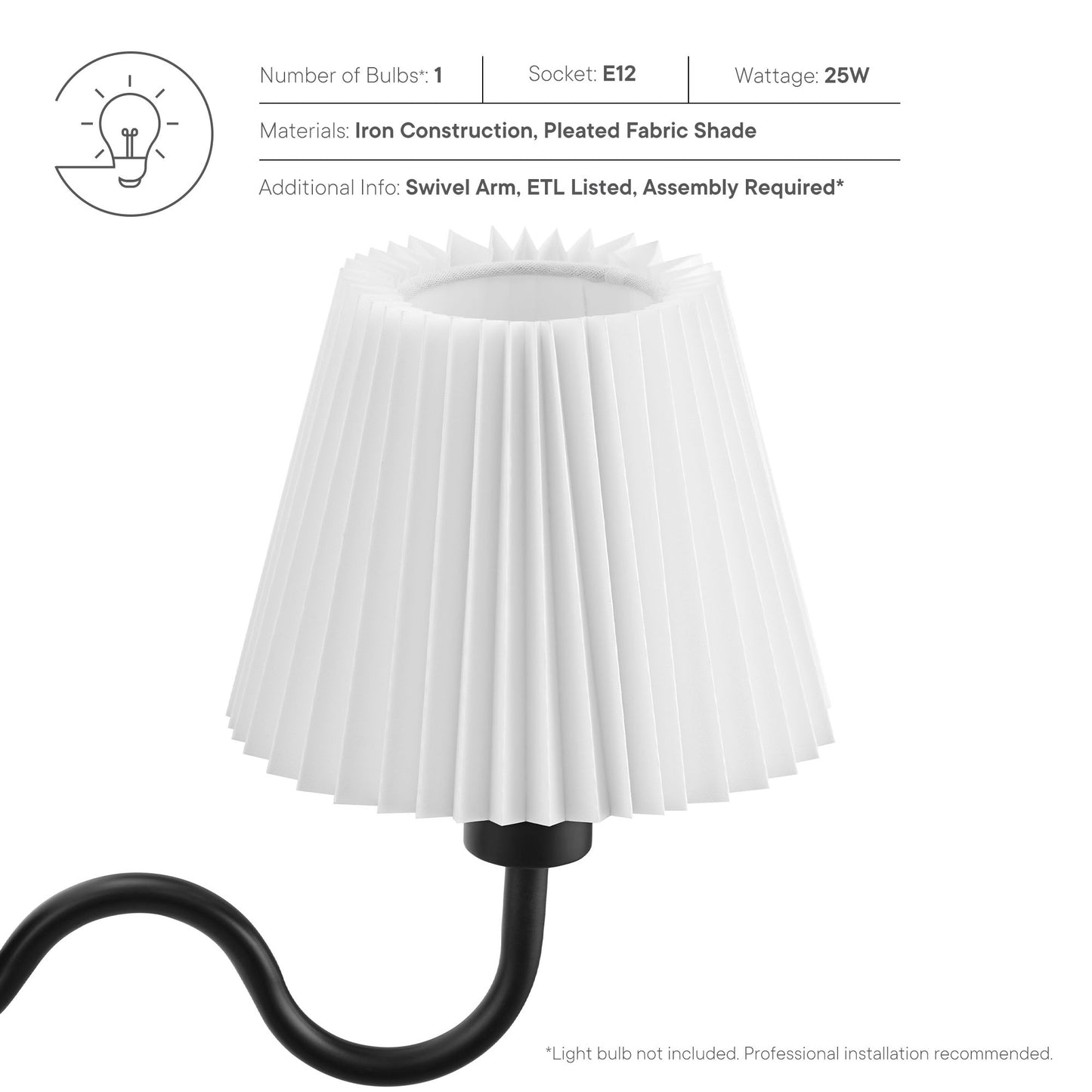 Wave Squiggle Arm Wall Sconce  in Black