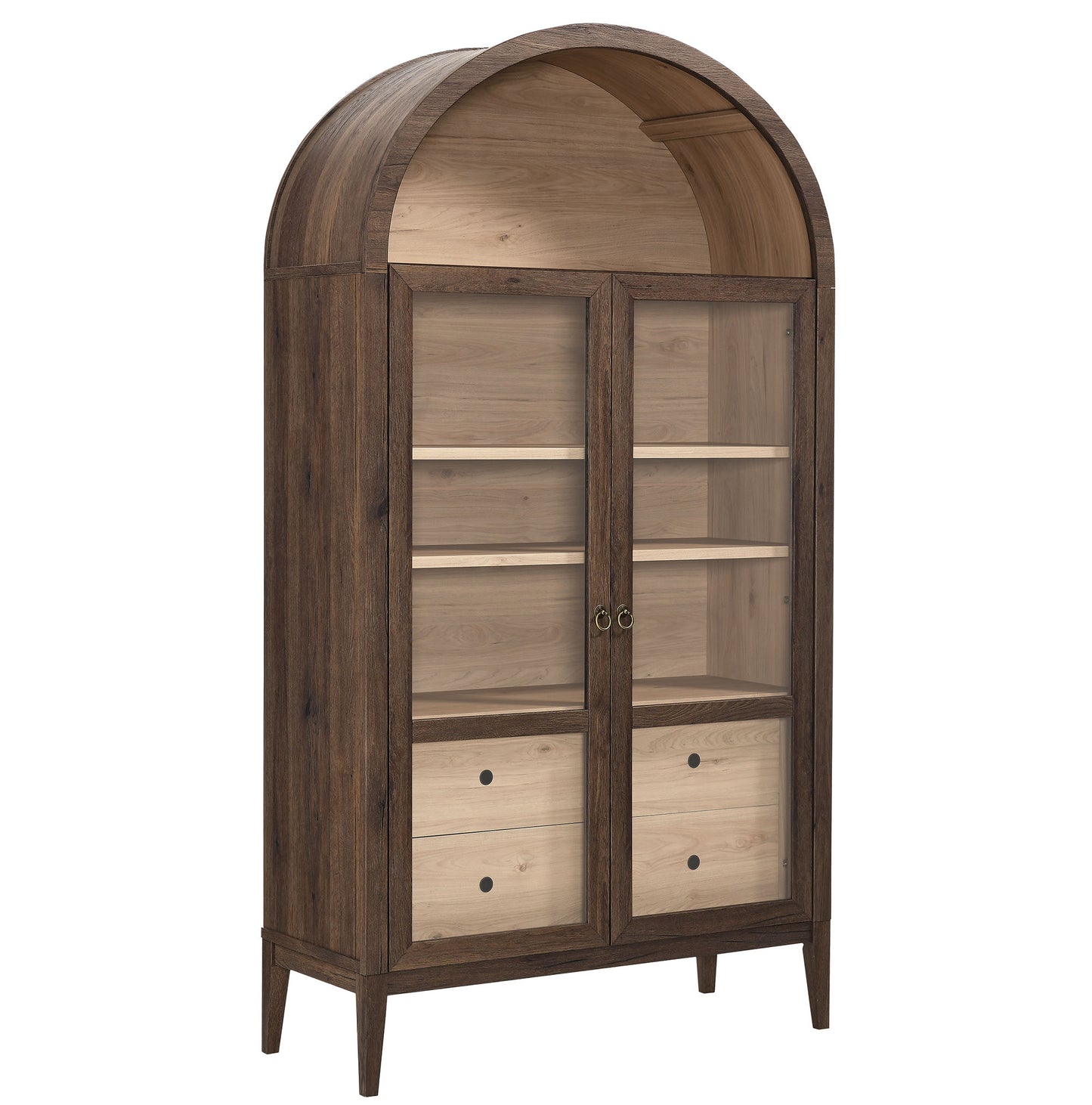 74" Tall Wide Arched Storage Display Cabinet in Walnut Light Oak
