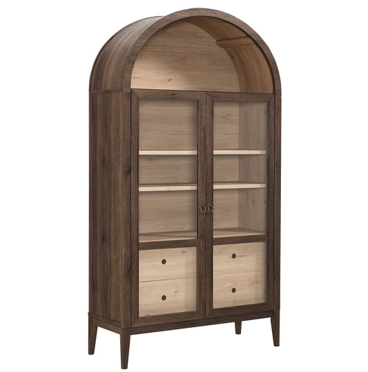 74" Tall Wide Arched Storage Display Cabinet  in Walnut Light Oak