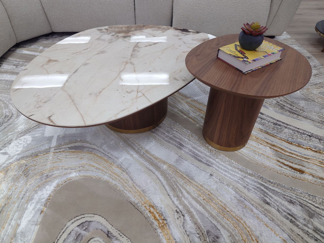 Nesting Coffee table Set with Ceramic stone top and Walnut Base