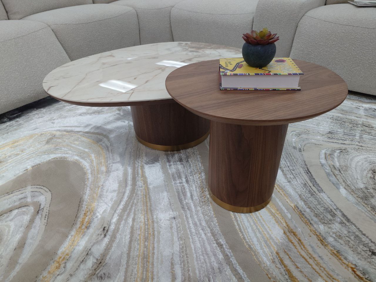 Nesting Coffee table Set with Ceramic stone top and Walnut Base