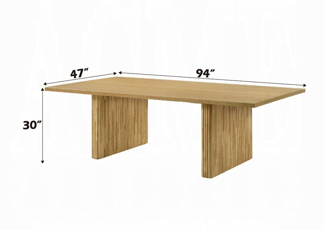 Rectangular 94" Wood dining table with Double pedestal Flutted base finished in natural
