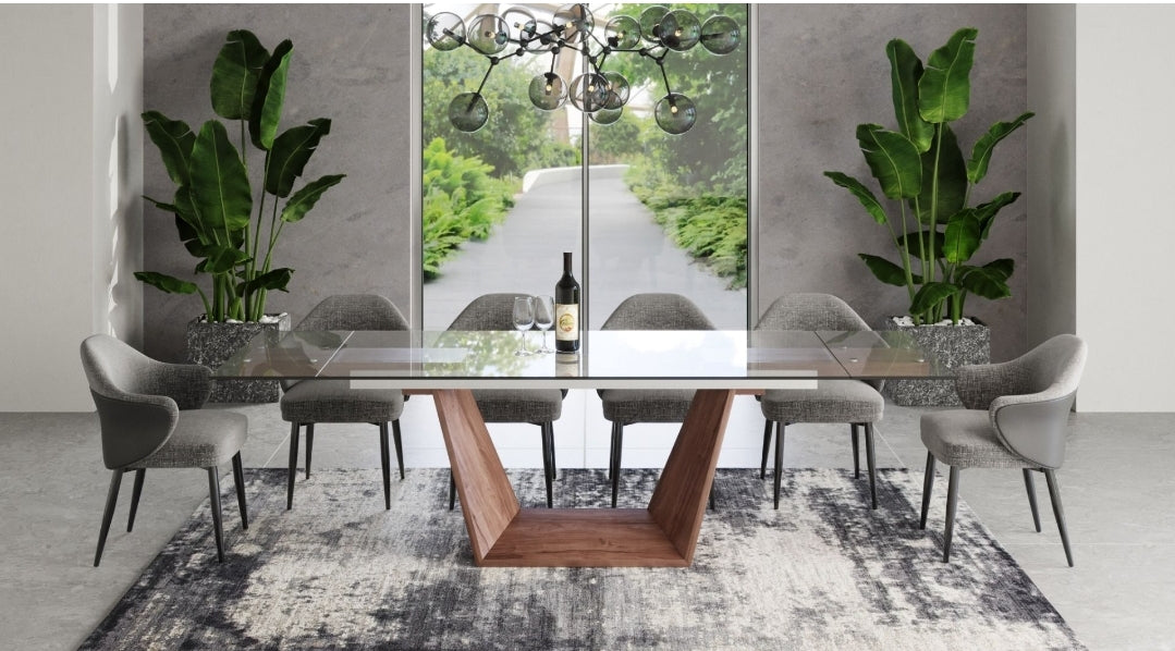 Modrest Babia Modern Smoked Glass & Walnut Extendable Dining Table