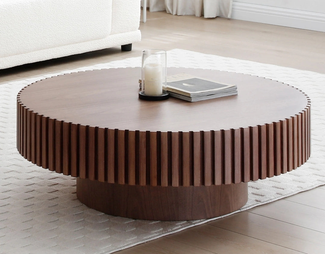 Modern Fluted 40" Walnut Large Round Coffee Table