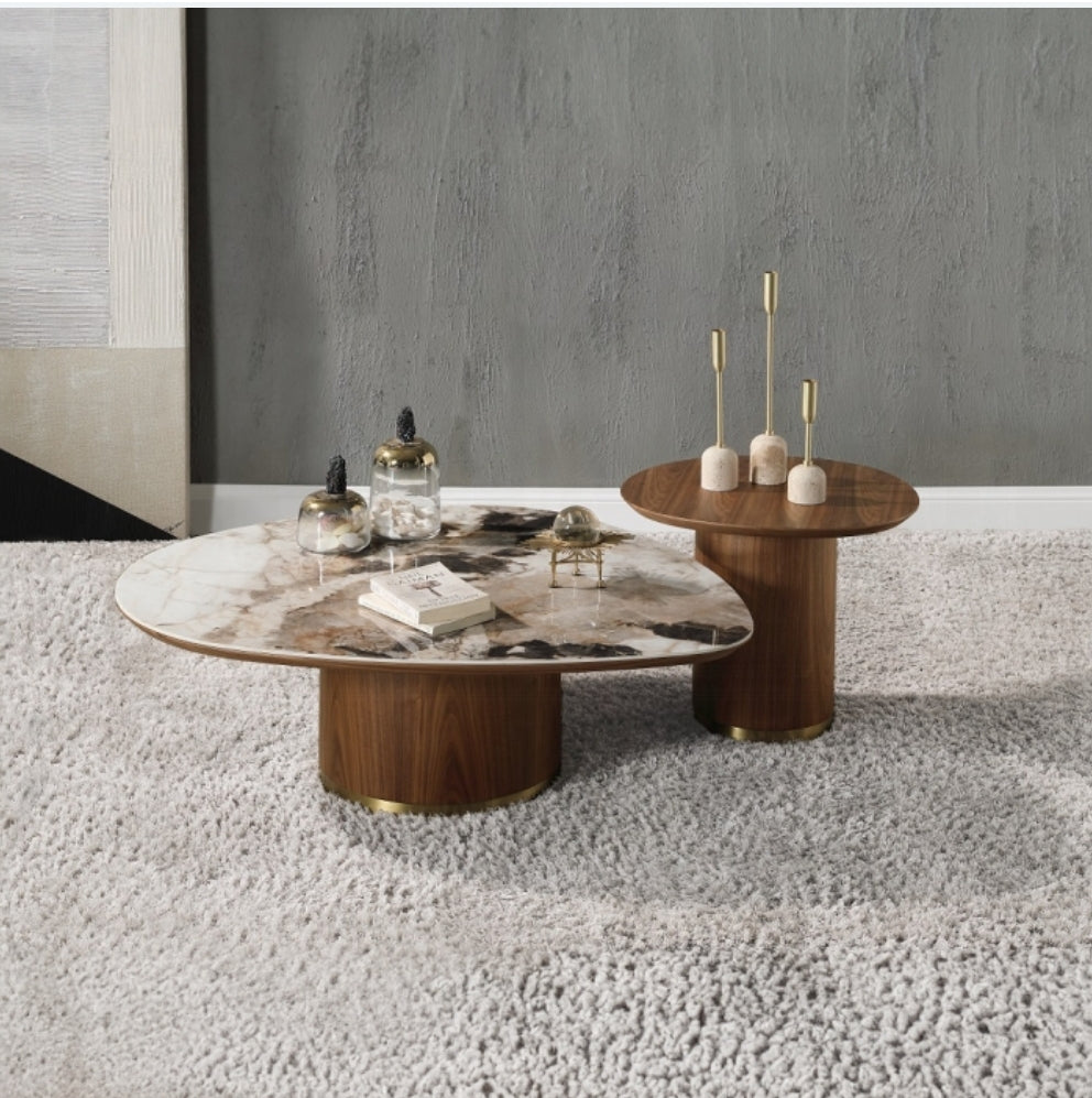 Nesting Coffee table Set with Ceramic stone top and Walnut Base