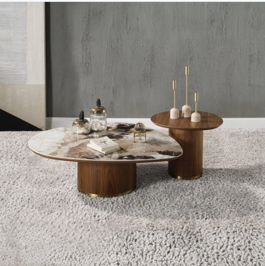 Nesting Coffee table Set with Ceramic stone top and Walnut Base