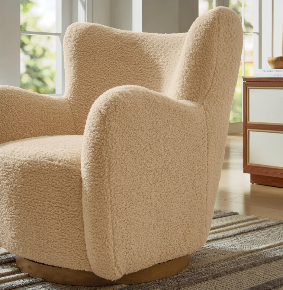 Ivory Sherpa Wingback Swivel Accent Chair Upholstered in performance fabric with Walnut swivel base