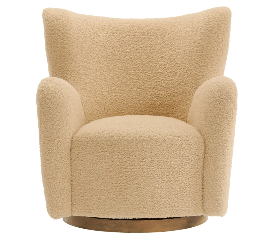 Ivory Sherpa Wingback Swivel Accent Chair Upholstered in performance fabric with Walnut swivel base