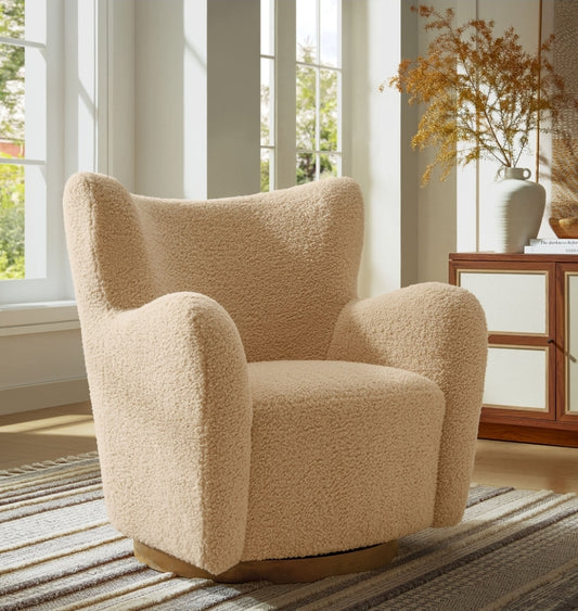 Ivory Sherpa Wingback Swivel Accent Chair Upholstered in performance fabric with Walnut swivel base