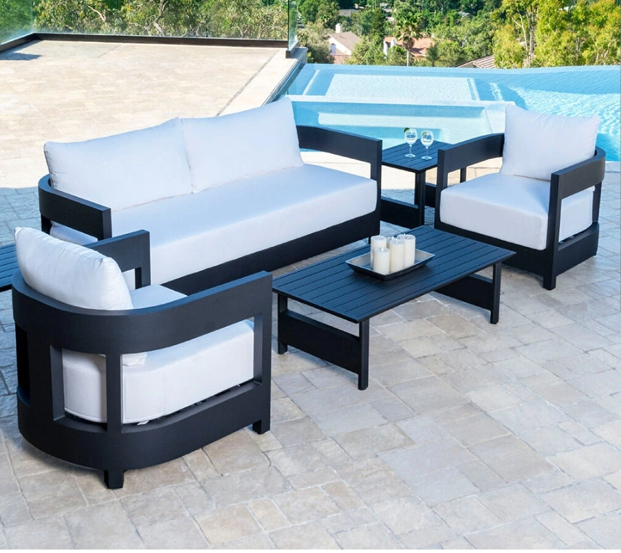 Santiago Black Coated Aluminum Seating Set - White Sunbrella Cushions