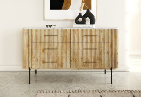 Gorgeous 6 Drawer Dresser with White Carerra Marble & Flutted Mango Solid Wood