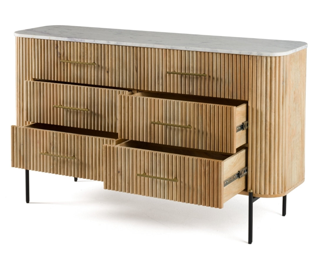 Gorgeous 6 Drawer Dresser with White Carerra Marble & Flutted Mango Solid Wood