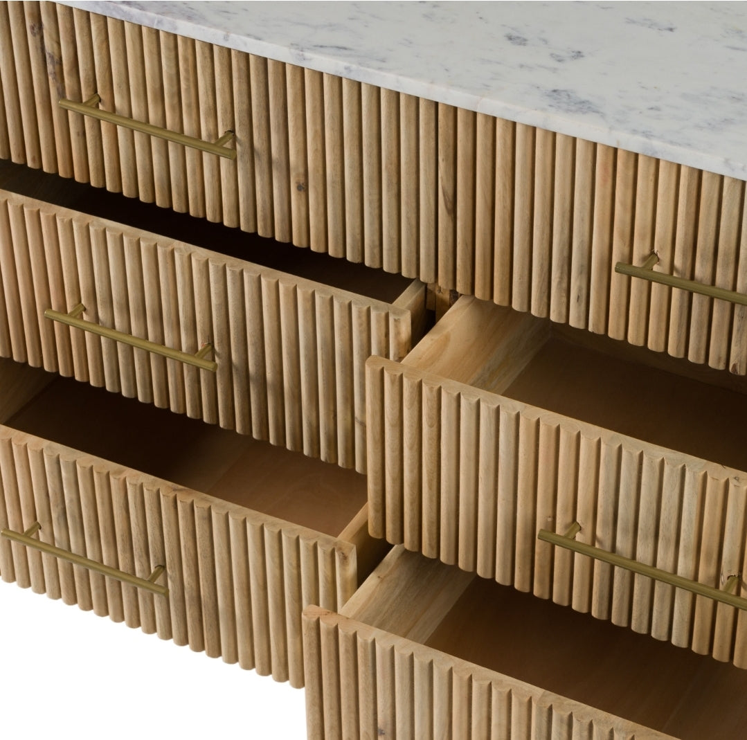 Gorgeous 6 Drawer Dresser with White Carerra Marble & Flutted Mango Solid Wood