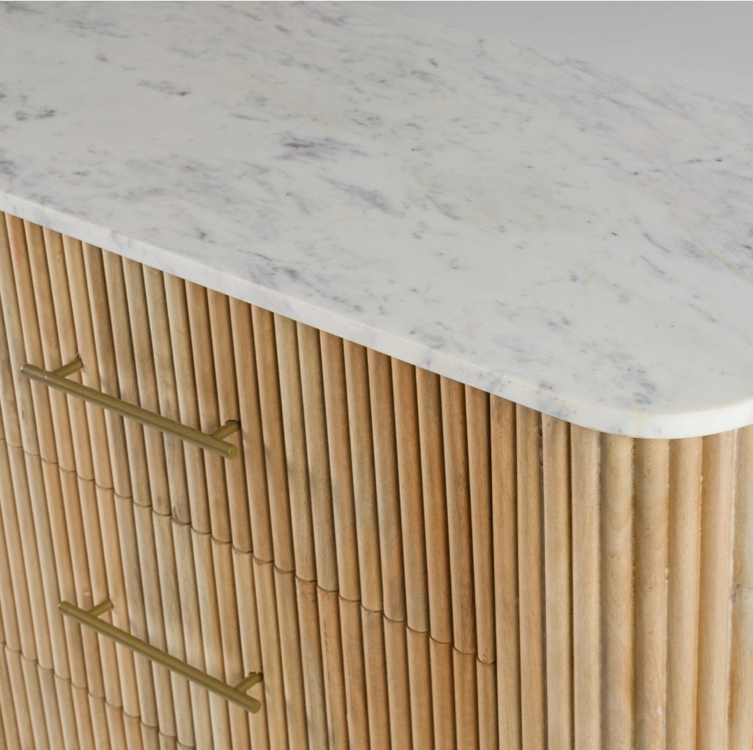 Gorgeous 6 Drawer Dresser with White Carerra Marble & Flutted Mango Solid Wood