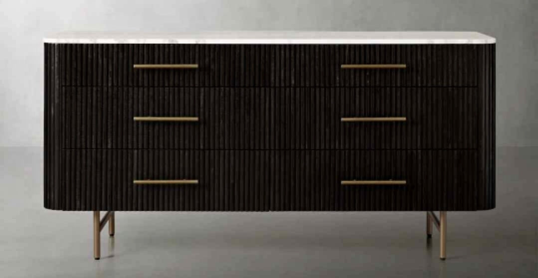 6 drawer dresser Flutted Wood and Marble top /Brass Handles
